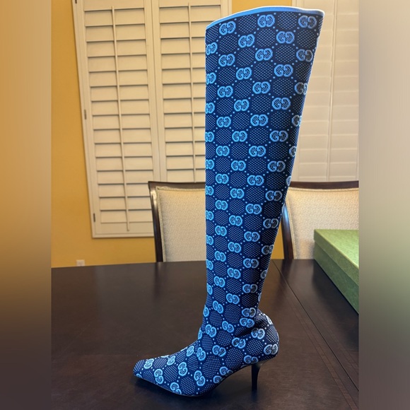 New Gucci GG Supreme Logo Knit Blue Knee High Boots Size 37.5 / US 7.5 - Picture 7 of 16